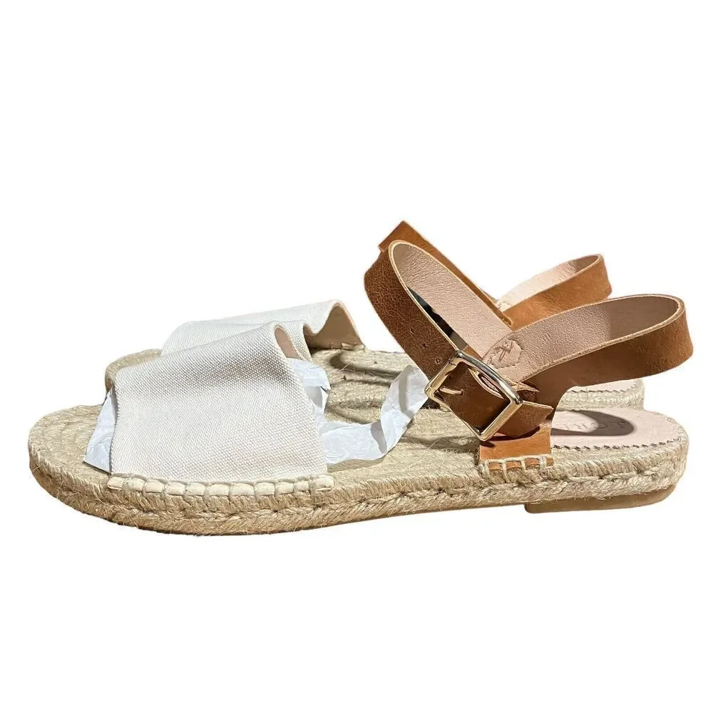 J. Crew Espadrilles WMNS 11 White Canvas Leather Made Spain ankle strap Open Toe